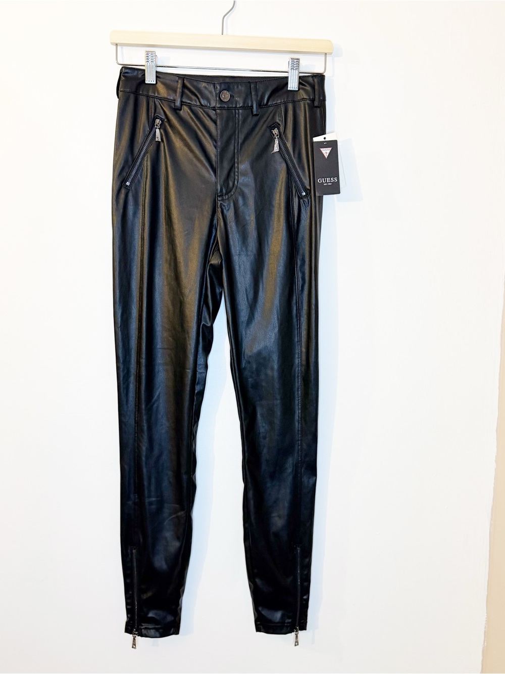 GUESS Black Faux Leather Skinny Jeans with Zip Pockets